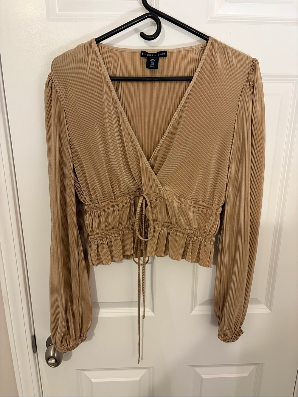 Sincerly Jules Camel Gold Pleated Wrap Crop Blouse - Large